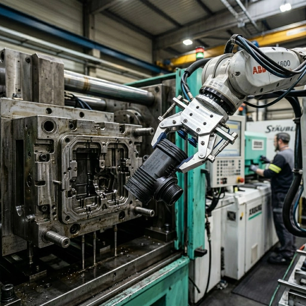 Automated robotic arm extracting a complex custom plastic part from an injection molding machine, showcasing high-volume production.