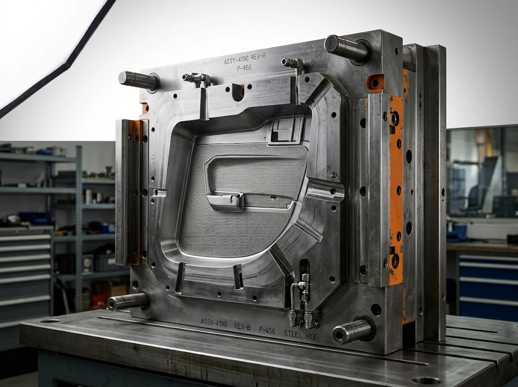 Home High-precision steel injection mold for an automotive interior door panel, showcasing intricate textures and tight tolerances.