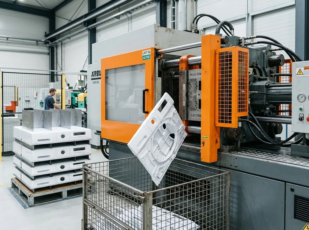 Home Large white plastic washing machine control panel being ejected from an industrial injection molding machine, demonstrating high-volume production for home appliances.