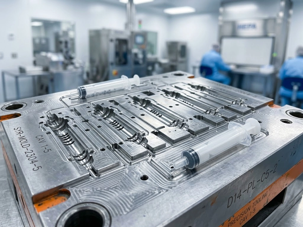 Home High-precision multi-cavity injection mold for medical plastic syringes, showcased in a sterile clean room manufacturing environment.