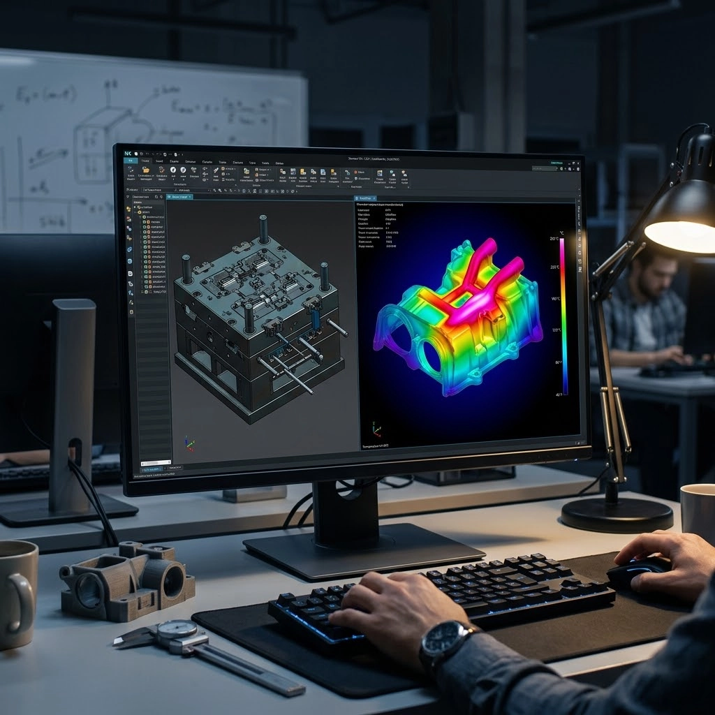 Computer screen displaying advanced 3D CAD modeling and Moldflow simulations for custom mold design.
