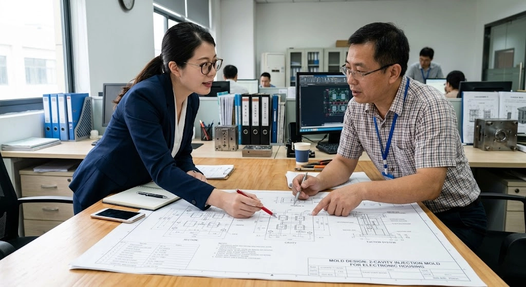 Experienced mold design engineers discussing a custom plastic injection mold blueprint for electronic housing at YOYO Mould.