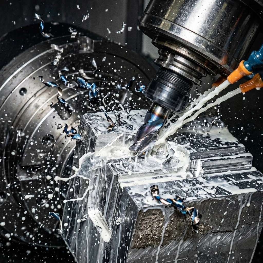 High-precision 5-axis CNC machine milling a custom metal part for rapid prototyping.