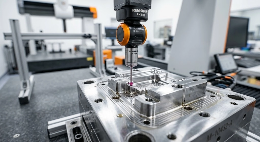 Strict quality control inspection using advanced CMM equipment on a custom mold part to ensure precise tolerances.