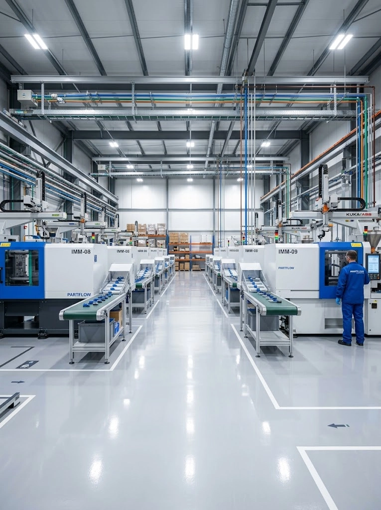 Ultra-clean automated plastic injection molding facility for high-volume contract manufacturing.