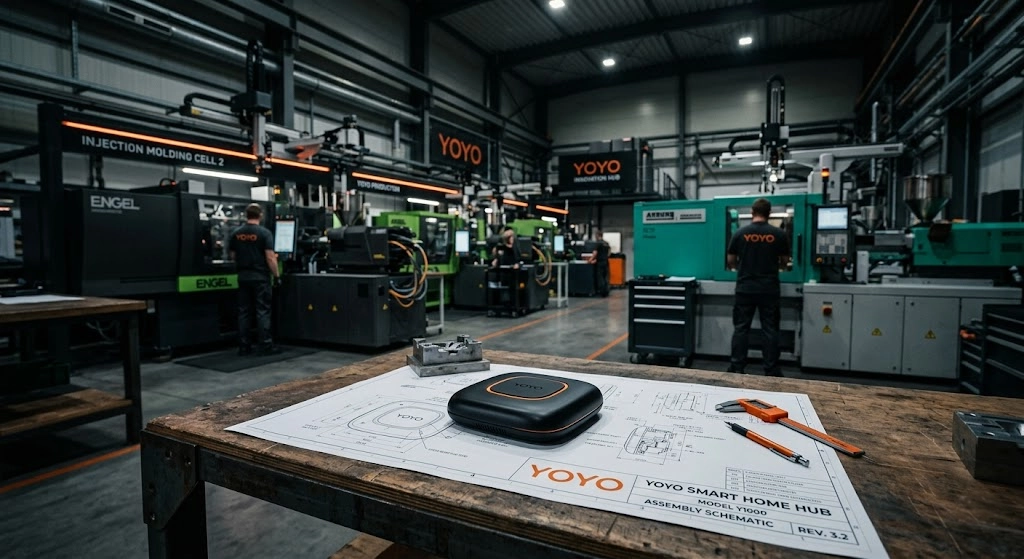 Final Assembly & Packaging A finished smart home plastic product on an engineering blueprint, representing end-to-end turnkey manufacturing solutions.