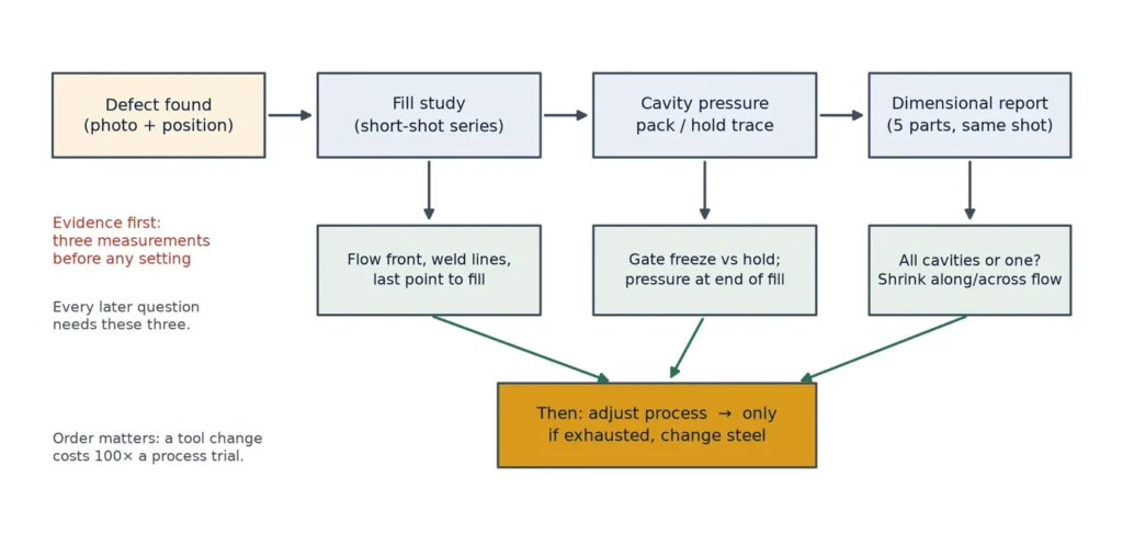 Flow from fill study and cavity pressure trace to the decision between a process change and a mold change