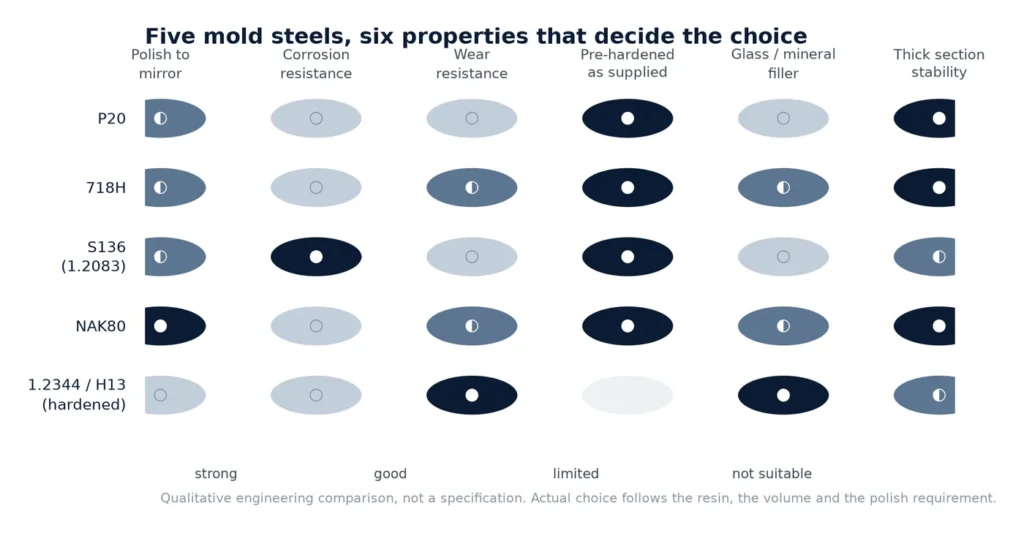 การเลือกเหล็กแม่พิมพ์: P20, 718H, S136 หรือ NAK80? Comparison matrix of five mold steels P20, 718H, S136, NAK80 and H13 against polishability, corrosion resistance, wear resistance and filler suitability